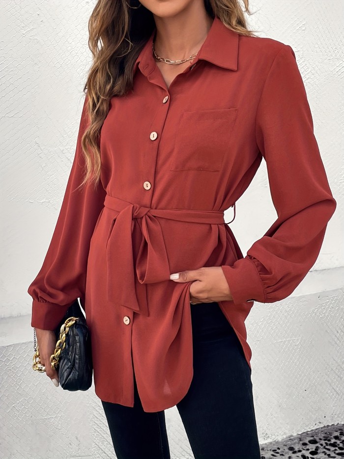 Solid Polo Collar Belted Blouse, Casual Long Sleeve Blouse