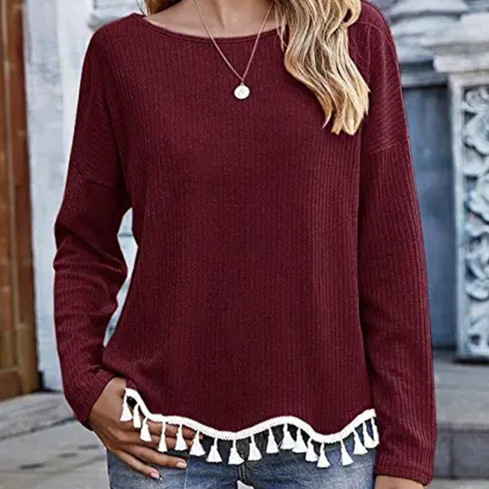 Women's T-Shirt Long Sleeve Round Neck Casual Loose Solid Hem Fall Winter Fashion T-Shirt