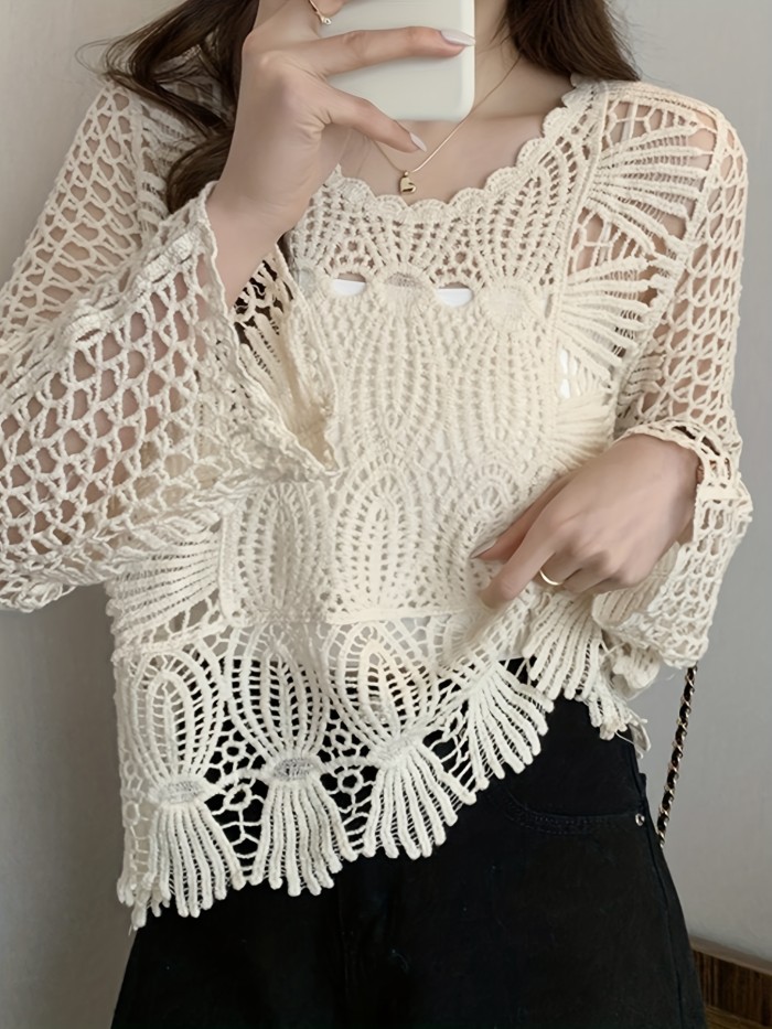 Applique Crew Neck Crochet Cover Up, Casual Long Sleeve Sweater For Spring & Summer, Women's Clothing