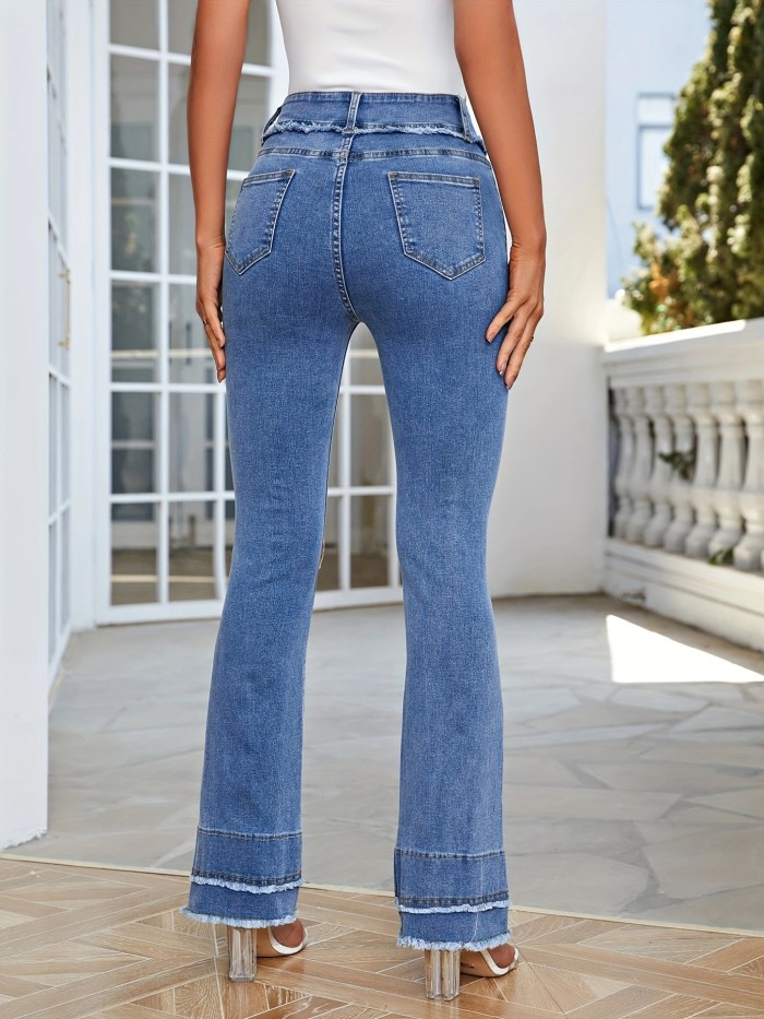 Blue Raw Hem Flare Jeans, Double Button Slant Pockets Slim Fit Bell Bottom Jeans, Women's Denim Jeans & Clothing