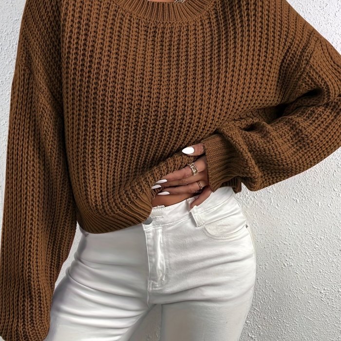 Crew Neck Rib Knit Sweater, Casual Drop Shoulder Oversized Long Sleeve Loose Fall  Sweater