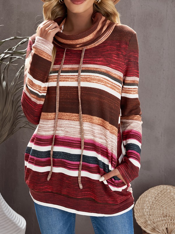 Striped Print Drawstring Pullover Sweatshirt, Casual Long Sleeve Turtle Neck Sweatshirt For Fall & Winter, Women's Clothing