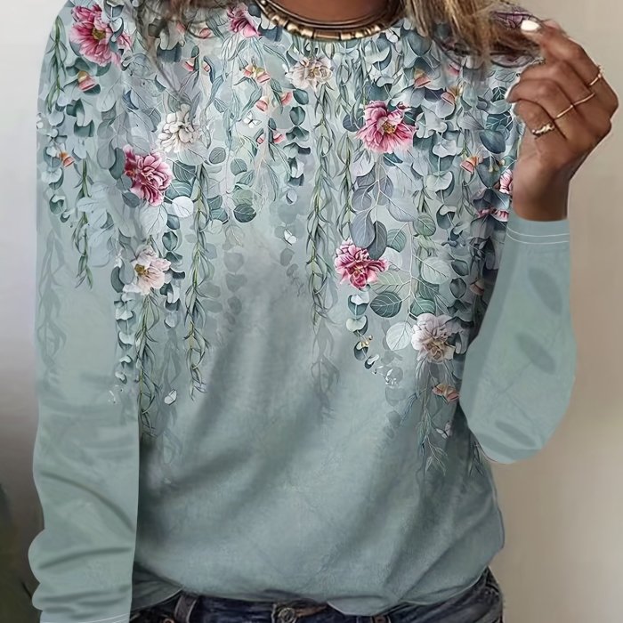 Floral Print Crew Neck T-Shirt, Casual Long Sleeve T-Shirt For Spring & Fall, Women's Clothing