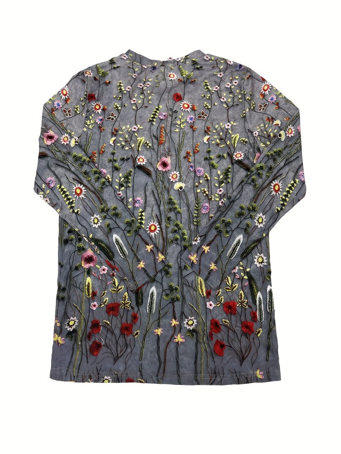 Floral Print Crew Neck T-Shirt, Casual Long Sleeve Top For Spring & Fall, Women's Clothing