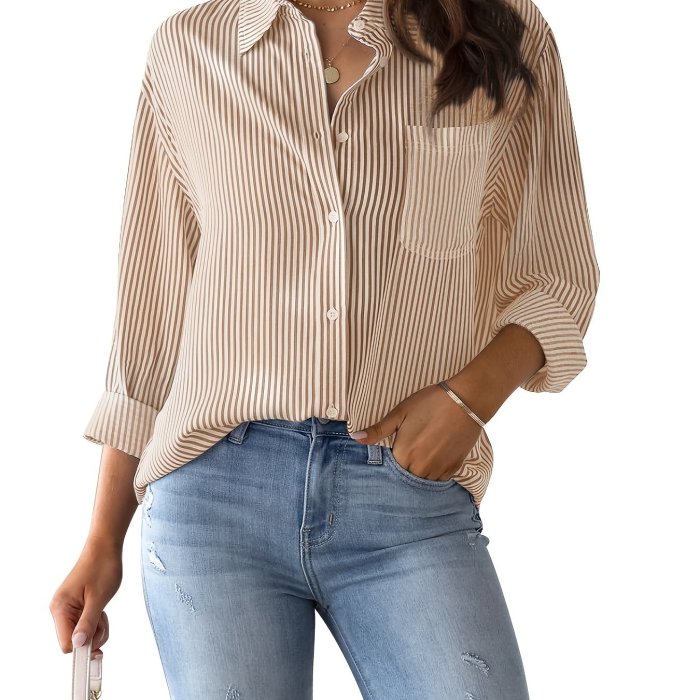 Women's Loose Striped Blouse, Crew Neck Long Sleeve Casual Blouse