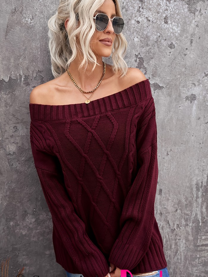 Sexy Off Shoulder Sweater, Casual Solid Long Sleeve Loose Fall Winter Knit Sweater, Women's Clothing