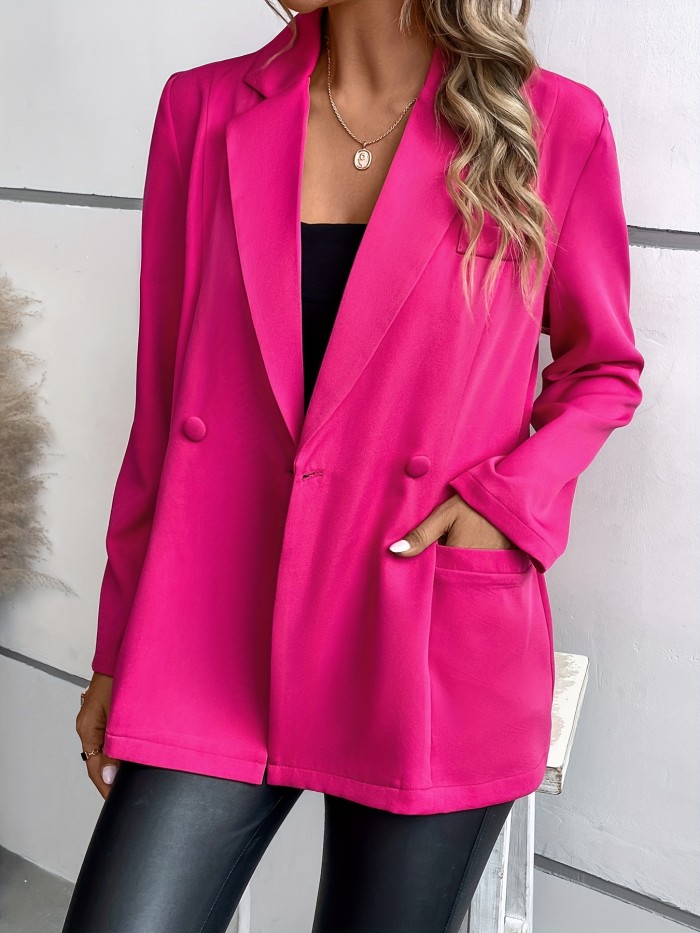Solid Double Breasted Lapel Blazer, Elegant Long Sleeve Pockets Blazer For Office & Work, Women's Clothing