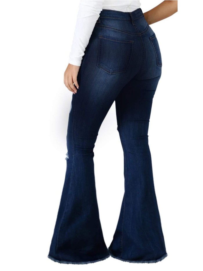 Blue Ripped Flared Jeans, High Waist Raw Hem Distressed Slash Pockets Bell Bottom Denim Pants, Women's Denim Jeans & Clothing