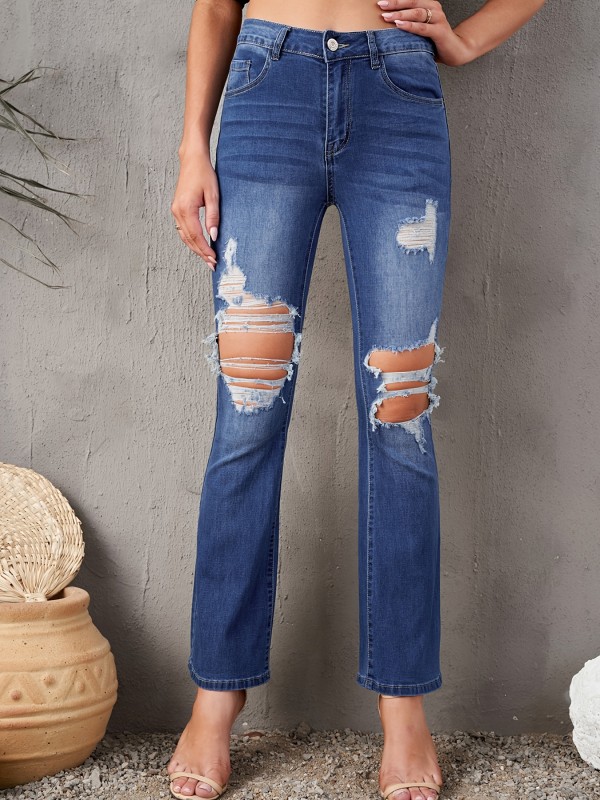Ripped Distressed Bell Bottom Jeans, Whiskering Slash Pocket Wash Blue Bootcut Denim Pants, Women's Denim Jeans & Clothing