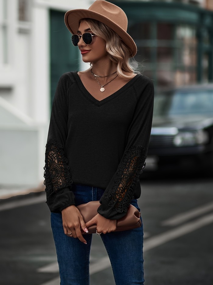 Basic Loose Lace Trim  Solid Tops, Casual Long Sleeve V-Neck T-Shirts