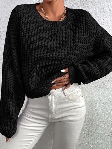 Crew Neck Rib Knit Sweater, Casual Drop Shoulder Oversized Long Sleeve Loose Fall  Sweater