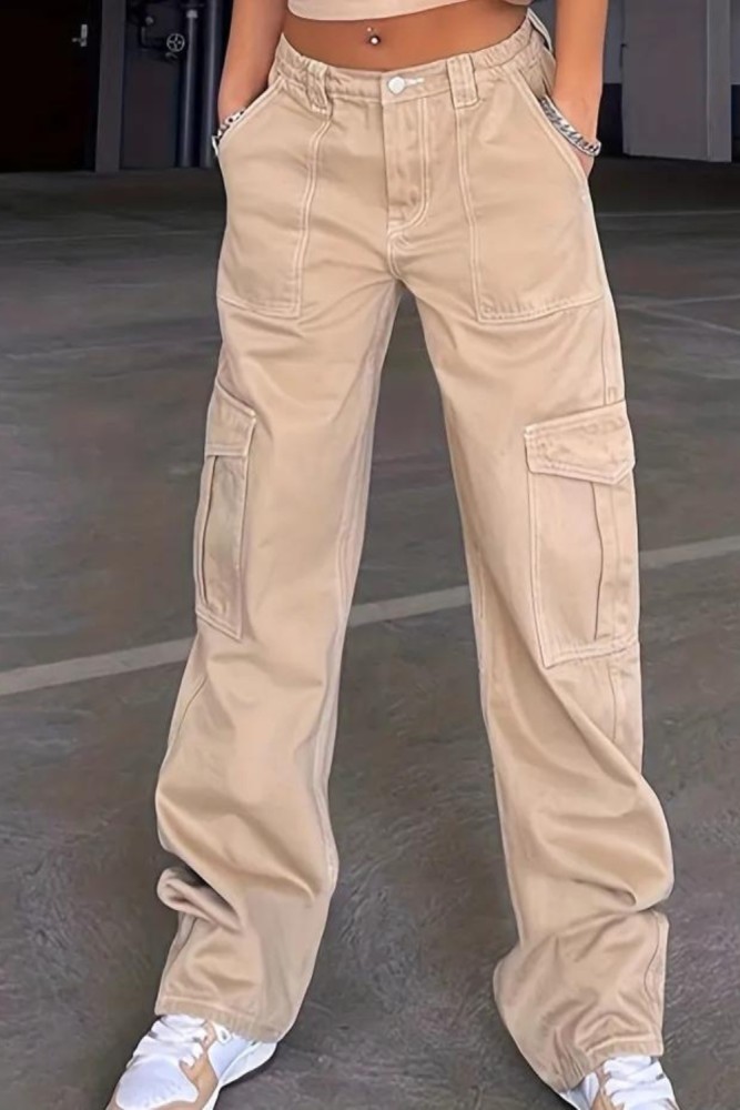 Loose Fit High Waist Cargo Pants, Wide Legs High Rise Flap Pockets Non-Stretch Straight Legs Denim Pants