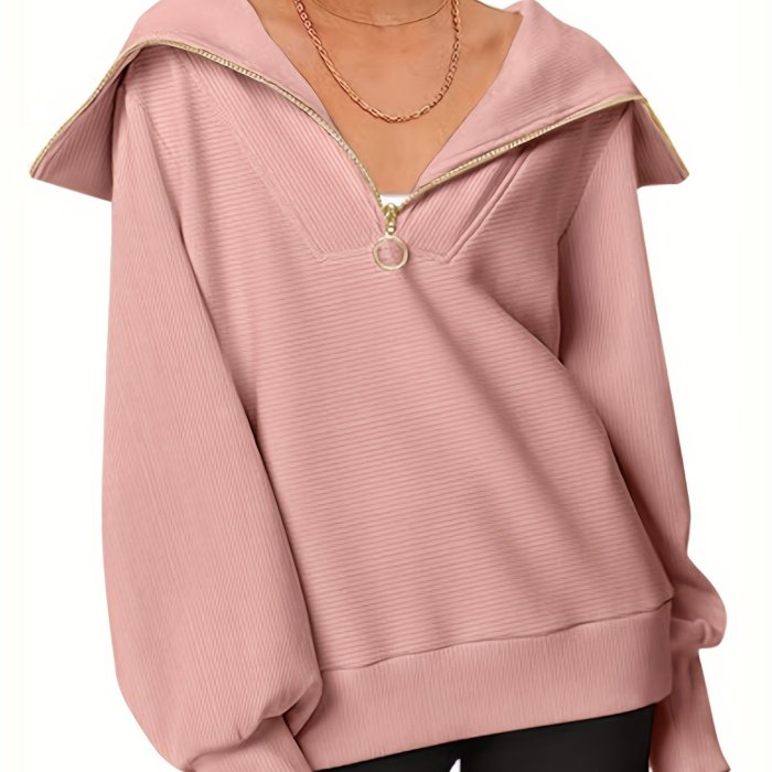Quarter Zip Pullover Sweatshirt, Casual Solid Long Sleeve Sweatshirt For Fall & Winter, Women's Clothing