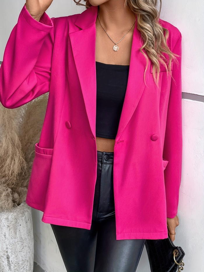 Solid Double Breasted Lapel Blazer, Elegant Long Sleeve Pockets Blazer For Office & Work, Women's Clothing