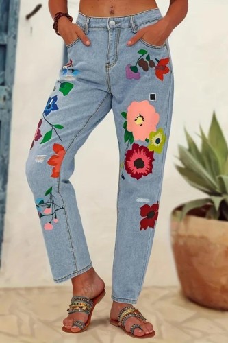 Blue Floral Pattern Straight Jeans, Slash Pockets Non-Stretch Loose Fit Denim Pants, Women's Denim Jeans & Clothing