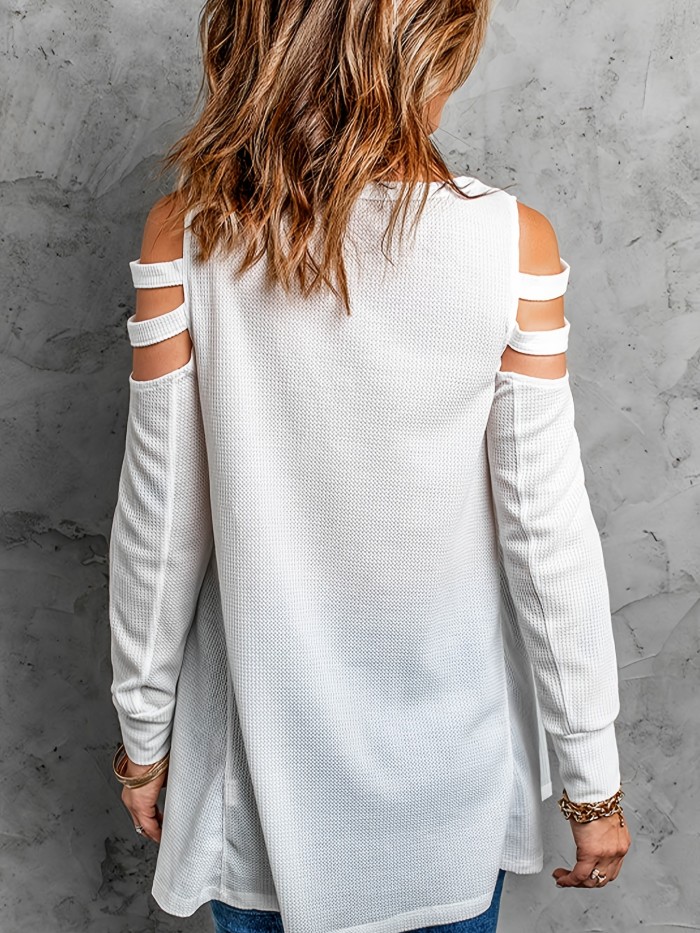 Cold Shoulder Waffle Knit T-Shirt, Solid Zip Up Long Sleeve Casual Top For Spring & Fall, Women's Clothing