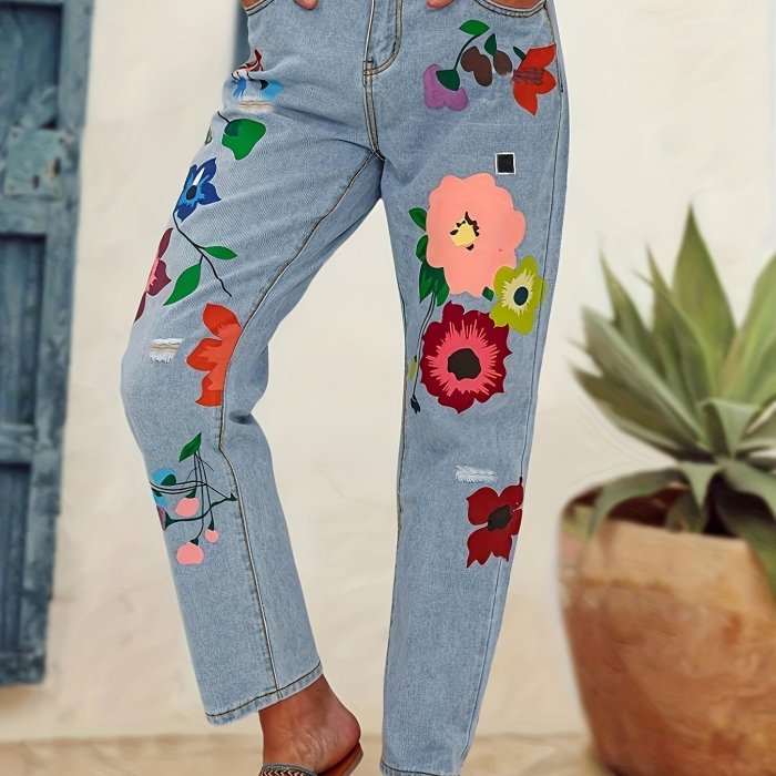 Blue Floral Pattern Straight Jeans, Slash Pockets Non-Stretch Loose Fit Denim Pants, Women's Denim Jeans & Clothing