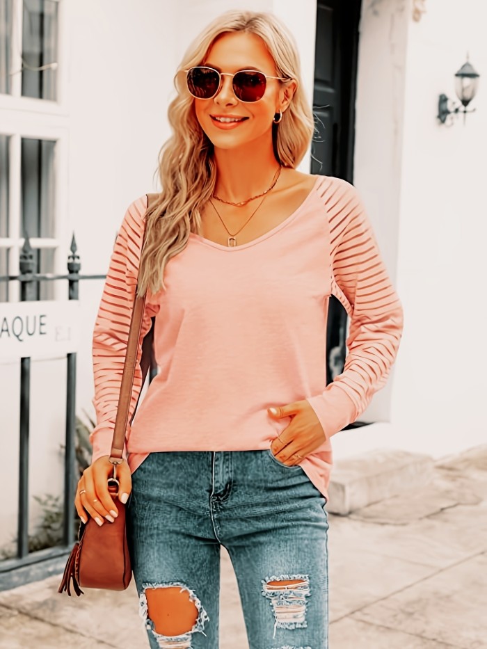 Women's Solid Color Striped Long Sleeve Tops, Casual Loose Fall Winter Sweatshirts, Women's Clothing