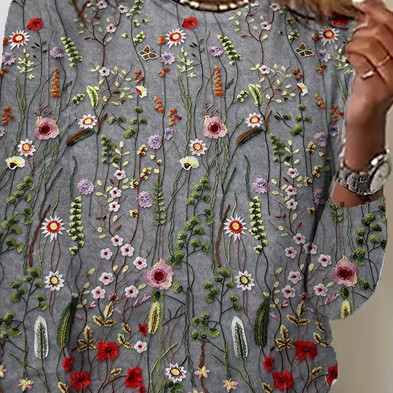 FLORAL PRINT CREW NECK LONG SLEEVE KNIT TOP