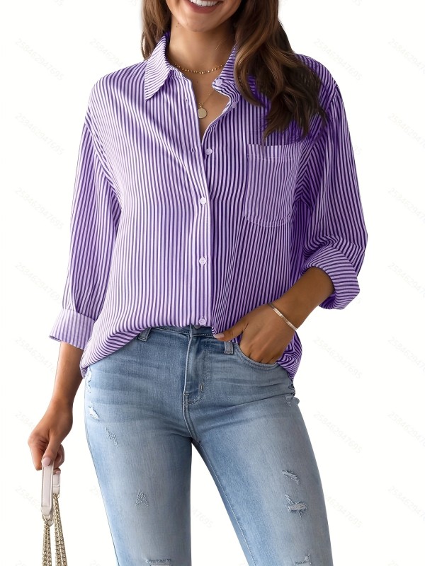 Women's Loose Striped Blouse, Crew Neck Long Sleeve Casual Blouse