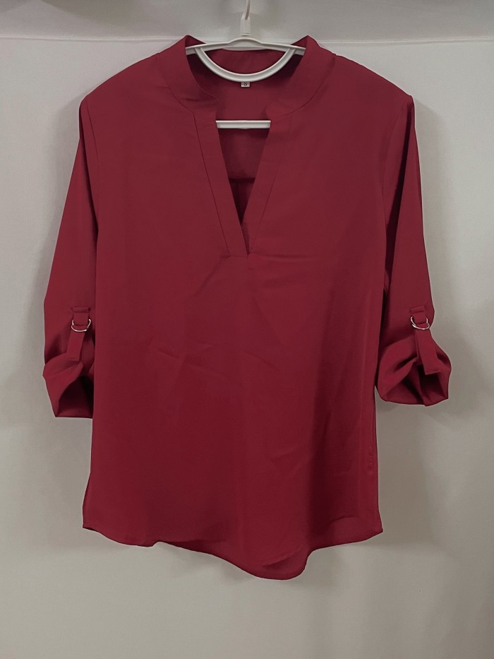 Rollable Sleeve Blouse, Casual V Neck Solid Comfy Blouse For Spring & Fall, Women's Clothing