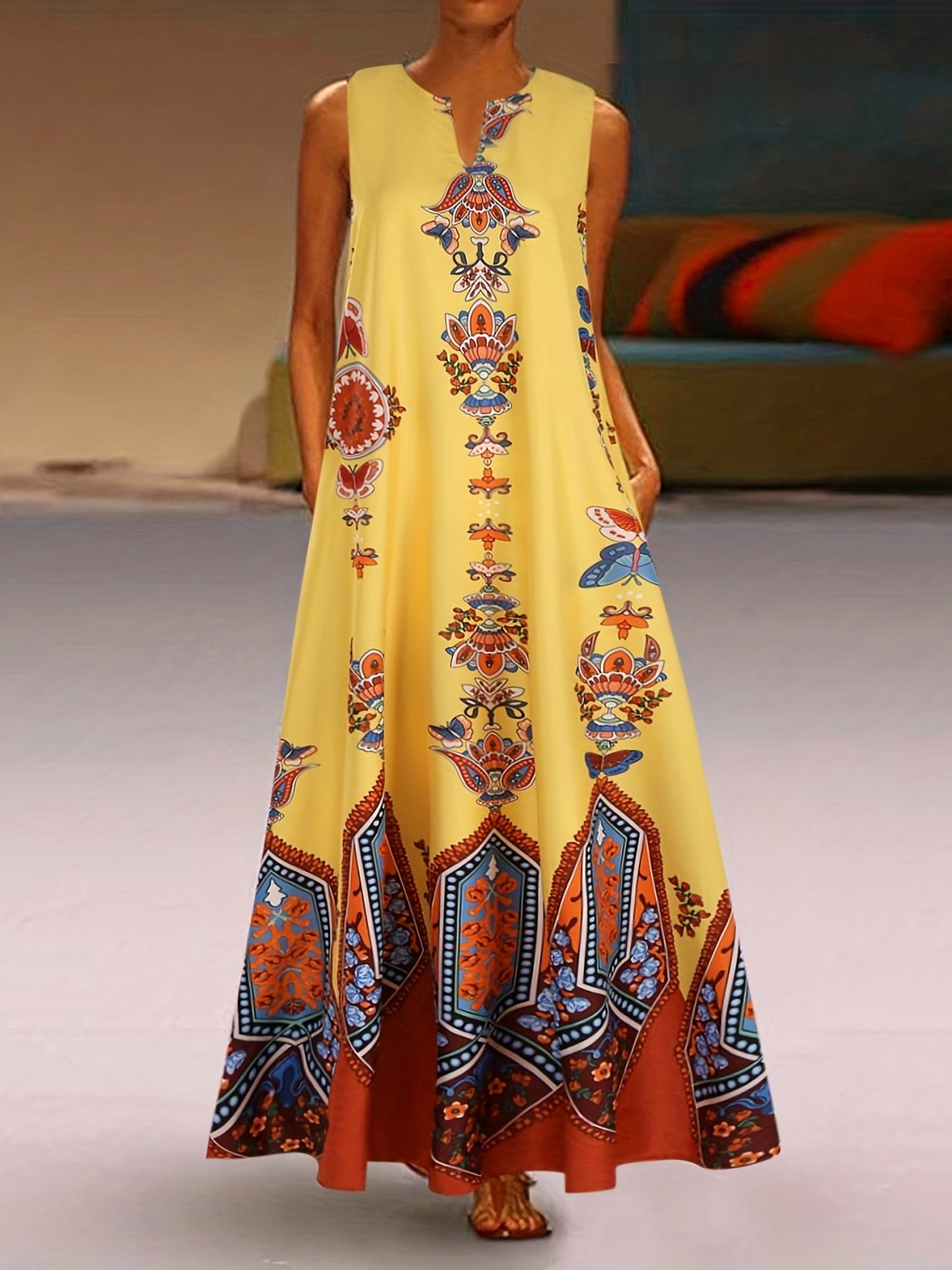 Printed Notched Long Sleeve Maxi Dress main image 1