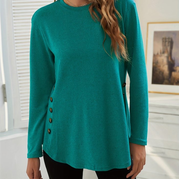 Solid Long Sleeve T-Shirts, Oversized Crew Neck Top, Women's Casual Tops For Fall & Winter, Women's Clothing