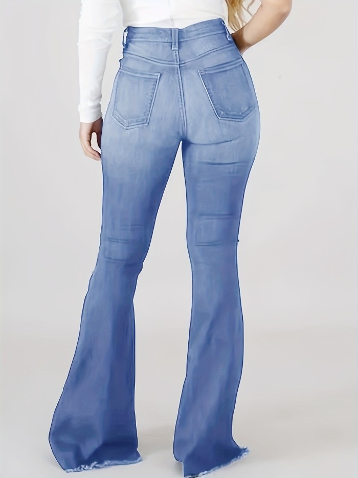 Blue Ripped Flared Jeans, High Waist Raw Hem Distressed Slash Pockets Bell Bottom Denim Pants, Women's Denim Jeans & Clothing