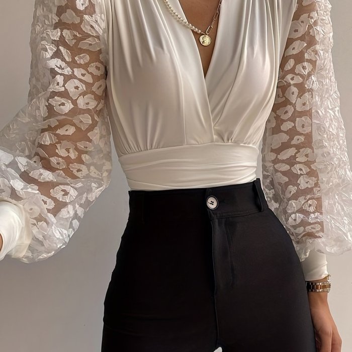 Solid Lace Long Sleeve Blouse, V Neck Casual Loose Shirt For Spring & Fall, Women's Clothing
