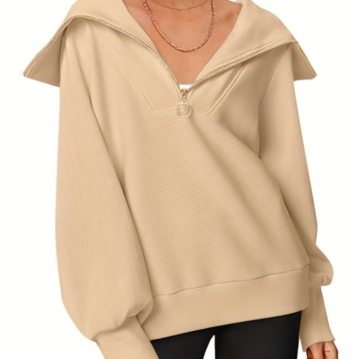 Quarter Zip Pullover Sweatshirt, Casual Solid Long Sleeve Sweatshirt For Fall & Winter, Women's Clothing