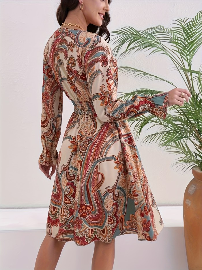 Paisley Print Shirred Waist Dress, Boho V Neck Long Sleeve Dress, Women's Clothing