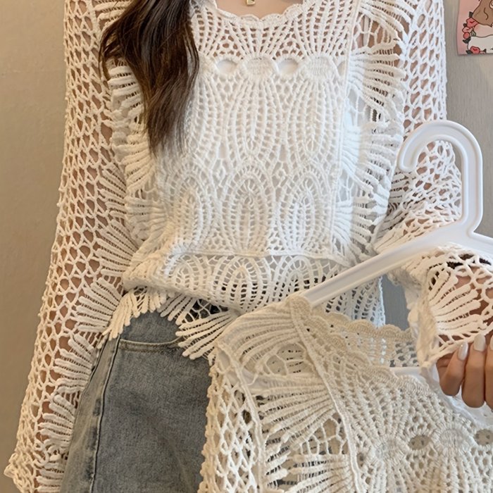 Applique Crew Neck Crochet Cover Up, Casual Long Sleeve Sweater For Spring & Summer, Women's Clothing