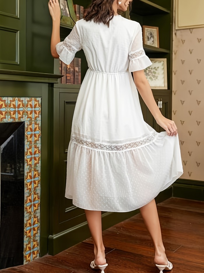 Swiss Dot Lace Dress, Elegant V Neck Stitching Ruffle Hem Short Sleeve Dress, Women's Clothing