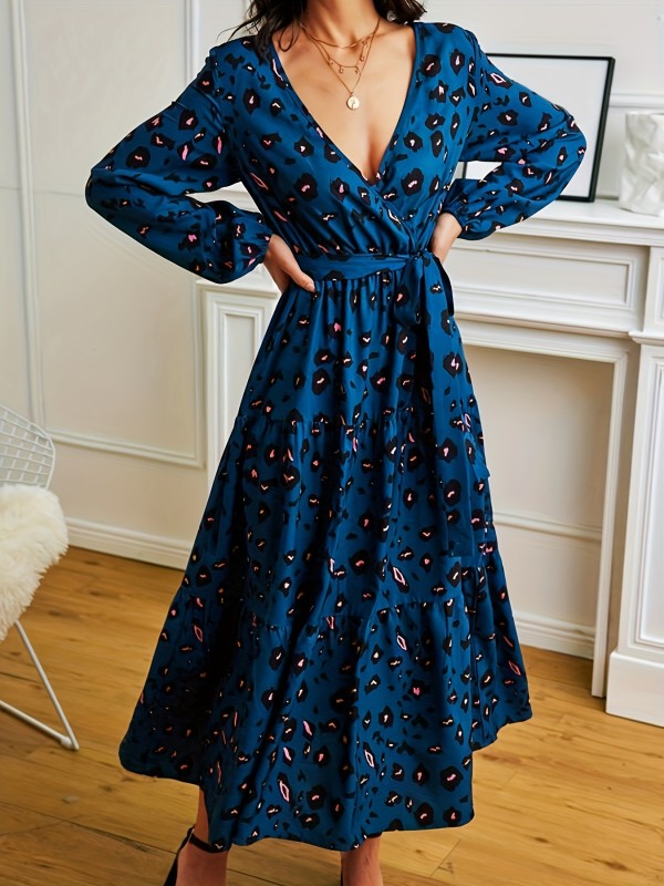 Plunging V-neck Belted Ruffle Hem Dress, Elegant Allover Print Long Sleeve Maxi Dress