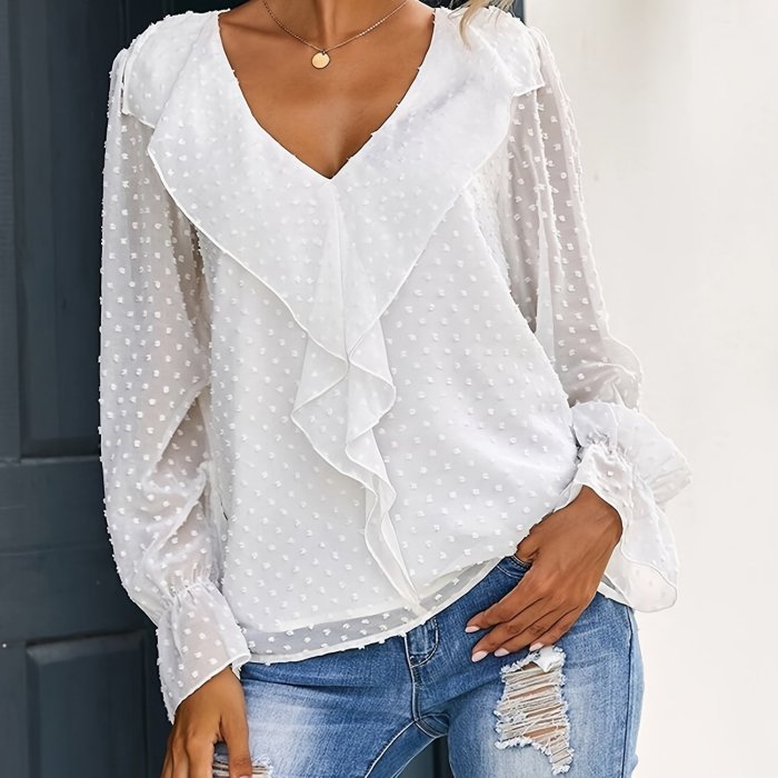 V Neck Solid Elegant Blouse, Long Sleeve Casual Every Day Top For Spring & Fall, Women's Clothing