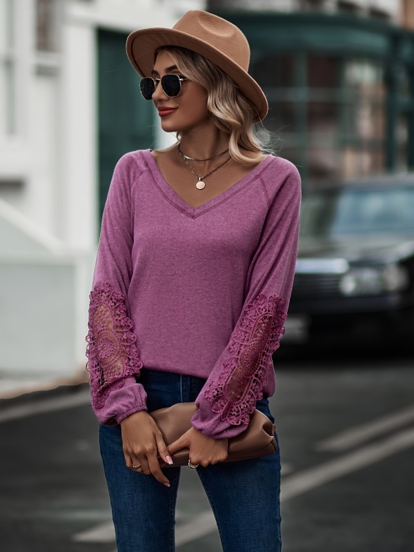 Basic Loose Lace Trim  Solid Tops, Casual Long Sleeve V-Neck T-Shirts