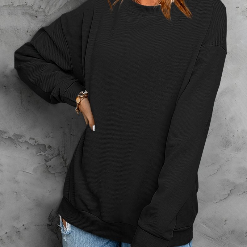 Solid Casual Round Neck Ribbed Pullover, Oversized Fashion Loose Long Sleeve Spring Fall Sweatshirt, Women's Clothing