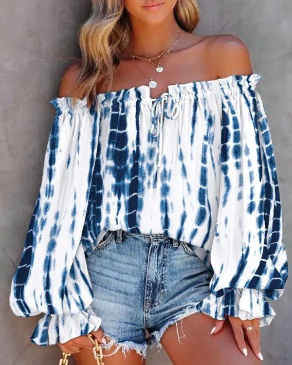 Women's Sexy Bohemian Off-Shoulder Printed Ruffled Tie-Up  Blouses & Shirts