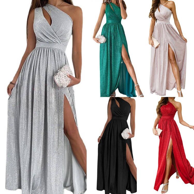 Fashionable Off-Shoulder Sleeveless Sparkling Crystal Sexy Hollow Slit Elegant Maxi Dress