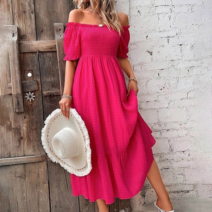 Women's Fashion Pure Pink Slant Collar Slit Sexy Casual Elegant Maxi Dress