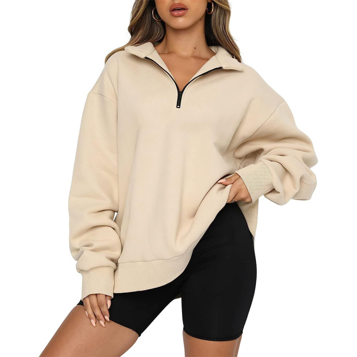 Autumn Quarter Zipper Lapel Drop Shoulder Solid Color Pullover Sweatshirts