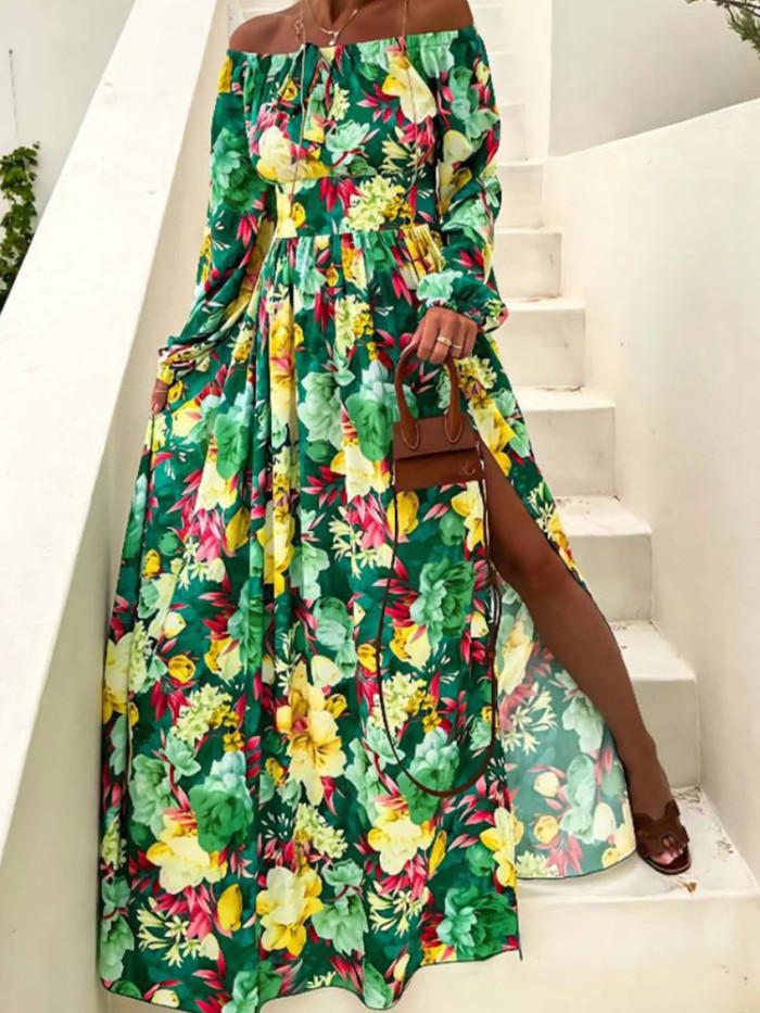 Floral Print Slit Sexy Long Sleeve Fashion One Shoulder Beach  Maxi Dress