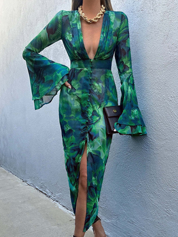 Trendy Bohemian Print Sexy V Neck Bell Sleeve Tie Dye Ruffle Resort Maxi Dress
