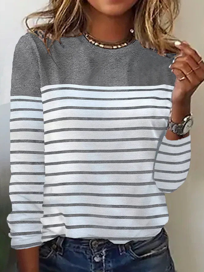 Women's Fashion Casual Striped Printed Loose O-Neck Long Sleeve Pullover T-Shirt