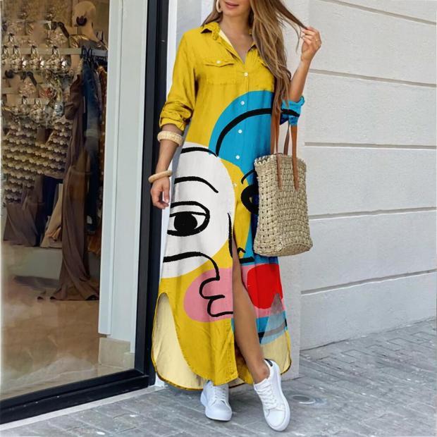 Stylish Irregular Buttoned Bohemian Sexy Lapel Printed Shirt  Maxi Dress