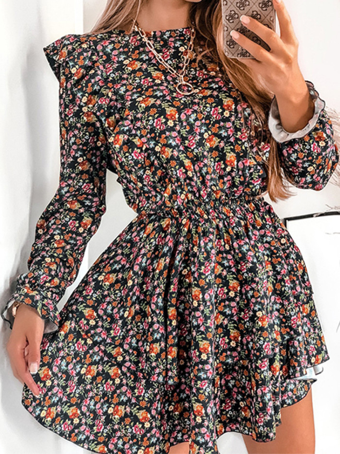 Women's Tiered Ruffle Floral Print Boho Long Sleeve A-Line Holiday Party Mini Dress