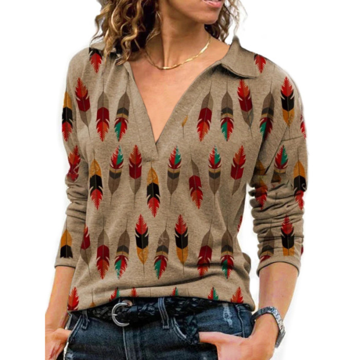 Women's Fashion Casual Vintage Printed V-Neck Long Sleeve T-Shirt