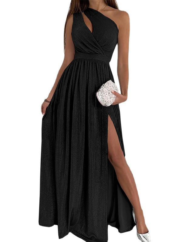 Fashionable Off-Shoulder Sleeveless Sparkling Crystal Sexy Hollow Slit Elegant Maxi Dress