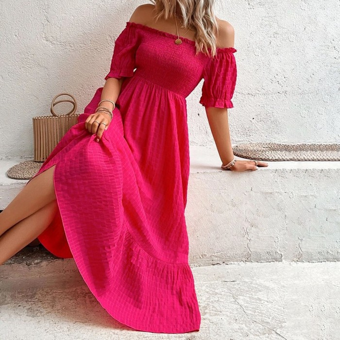 Women's Fashion Pure Pink Slant Collar Slit Sexy Casual Elegant Maxi Dress