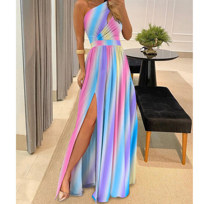 Stylish Printed Off-Shoulder Backless Hollow Elegant and Chic High Waist Party Dress
